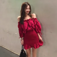 Mùa hè Hàn Quốc chic gỗ tai nếp gấp màu rắn từ cổ áo túi hip váy đàn hồi cao eo slim dress nữ 	váy xoắn eo	