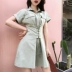 Mùa hè Hàn Quốc phiên bản của ve áo sang trọng hoang dã ngắn tay đơn ngực đầm eo tie giảm béo Một từ váy nữ A-Line Váy