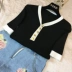 Ngắn tay áo triều mùa xuân 2018 mới của Hàn Quốc thời trang hoang dã T-Shirt Mỏng mỏng V-Cổ knit top Áo len cổ chữ V