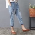 Mùa hè 2019 phiên bản Hàn Quốc của hoa dại thêu chim thun co giãn dây rút bảy chiếc quần jeans nữ - Quần jean