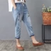 Mùa hè 2019 phiên bản Hàn Quốc của hoa dại thêu chim thun co giãn dây rút bảy chiếc quần jeans nữ - Quần jean quần jean nữ lưng cao Quần jean