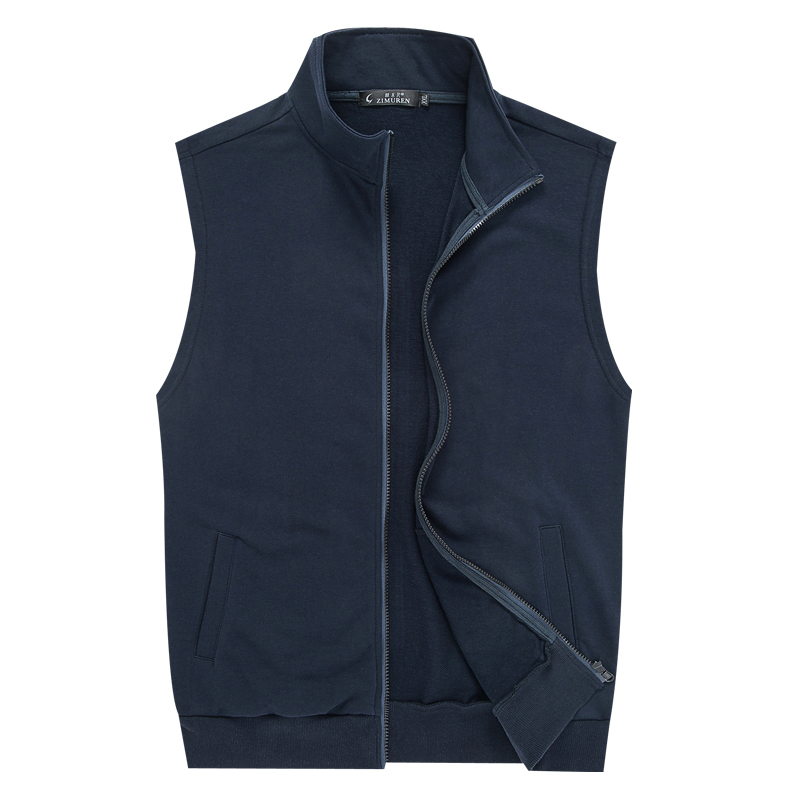 Dark Blue [Stand Collar Vest]Vest male Spring and Autumn Thin pure cotton motion leisure time Big size Sleeveless Sweater waistcoat male Vest vest loose coat tide