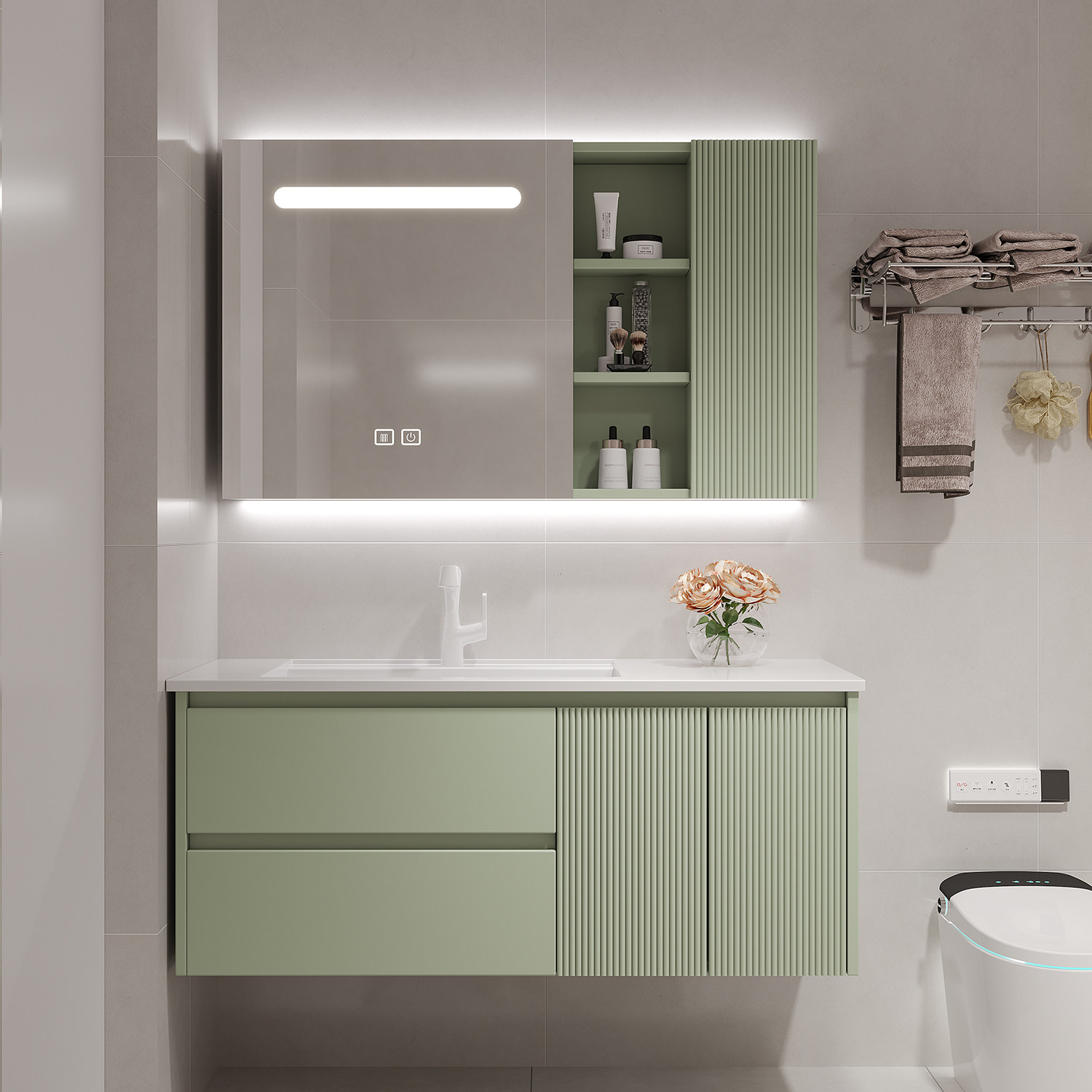 Tủ phòng tắm hiện đại tối giản ánh sáng sang trọng bằng gỗ sồi, rửa tay, rửa mặt tất cả -in -one tủ gương thông minh kết hợp gương tủ phòng tắm gương tủ phòng tắm