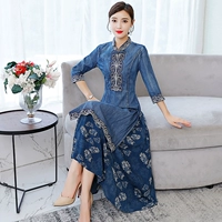 2019 mùa thu mới phong cách Trung Quốc retro thêu phụ nữ denim váy cải tiến phiên bản sườn xám váy đầm nữ - Váy dài đầm dạ hội dài