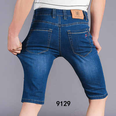 Stretch mùa hè phần mỏng quần short denim nam lỏng lẻo thẳng năm điểm giản dị ống túm sáu quần thương hiệu trung niên quần Cao bồi