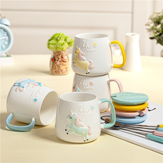 Кружка с крышкой ins独角兽少女心马克杯办公室陶瓷水杯带盖勺礼物杯子可爱卡通杯 Meng, Yu