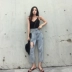 Quần jeans lỗ nữ xã hội xuân hè 2018 phiên bản mới của Hàn Quốc có phần eo cao buông lơi là quần ống suông giản dị Hồng Kông giản dị áo sơ mi sọc Mùa xuân