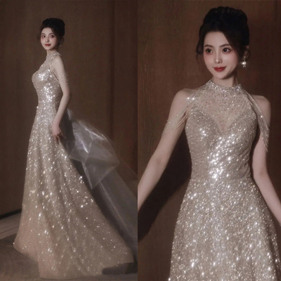 taobao agent Golden evening dress for bride, wedding dress