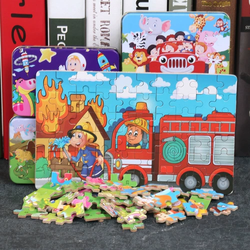 Деревянная мультяшная головоломка, жестяная коробка для детского сада, интеллектуальная игрушка, 60 штук, раннее развитие, 2-4-6 лет