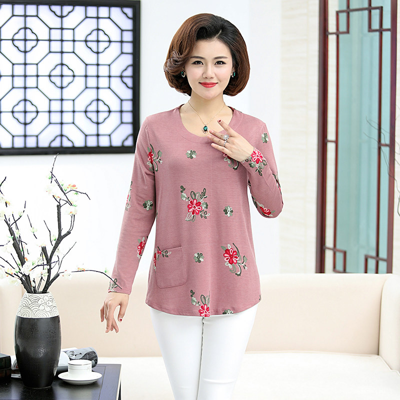 Mùa xuân và mùa thu trung niên mẹ lỏng kích thước lớn thêu bông và vải lanh t-shirt nữ dài tay của phụ nữ linen shirt thêu