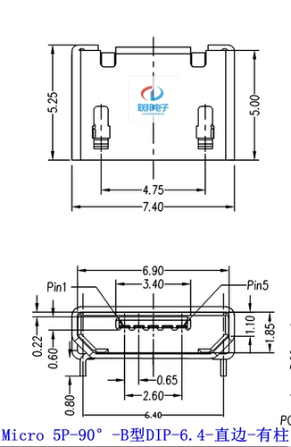 MICRO USB 5P-90 ° -B-тип Пластинка -6,4-стрига