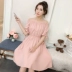 Mùa hè mới Hàn Quốc ngọt ngào từ cổ áo quây đầm nữ đèn lồng tay áo bow tie khí một từ váy A-Line Váy