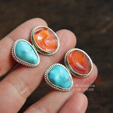 Ювелирные камни 二环家 清代天然老红玛瑙帽花+80年代原矿无优化绿松石新镶银耳勾