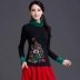 Mùa xuân Trung Quốc phong cách cao cổ áo thêu kích thước lớn đáy áo sơ mi quốc gia phong cách của phụ nữ thêu áo sơ mi cotton dài tay T-Shirt nữ áo phông trơn Áo phông