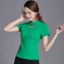 Phong cách quốc gia mùa hè ăn mặc mới của Trung Quốc phong cách của phụ nữ thêu đứng cổ áo khóa ngắn tay t-shirt Slim kích thước lớn bông đáy áo áo sơ mi nữ trắng Cộng với kích thước quần áo