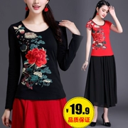 Phong cách quốc gia của phụ nữ áo sơ mi mùa hè thêu ngắn tay t-shirt nữ cotton phong cách Trung Quốc thêu kích thước lớn Slim đáy áo