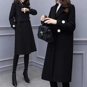 2019 mùa xuân mới phần dài Hàn Quốc của áo khoác len mỏng đầu gối áo gió màu đen áo khoác phụ nữ Slim - Áo Hàn Quốc