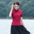 Mùa hè năm 2021 phụ nữ Trung Quốc mới phục vụ trà phong cách dân tộc cổ điển cổ áo dựng đứng jacquard cotton và vải lanh áo sơ mi ngắn tay - Áo sơ mi