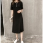 2018 mùa hè mới đơn giản màu rắn vòng cổ ngắn tay t-shirt dress nữ Slim là mỏng một từ váy trên váy đầu gối vay xoe