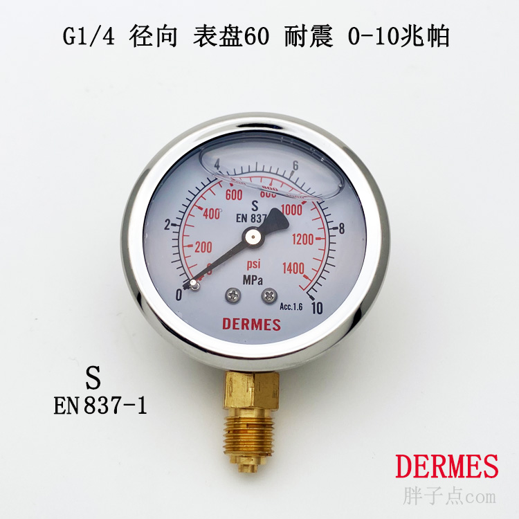G1/4 mặt số xuyên tâm 60 đồng hồ đo áp suất chống sốc 40 MPa 0-10MPa máy ép phun chống sốc đồng hồ đo áp suất dầu DERMES