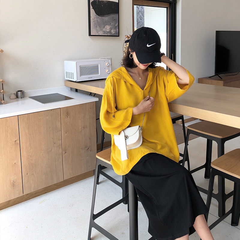 A7seven đồng ammonia lỏng lười biếng màu rắn trùm đầu áo thun áo len phụ nữ đầu mùa thu 2018 new casual áo sơ mi