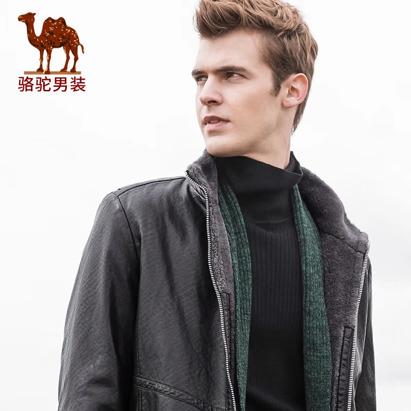 Lạc đà nam mùa thu đông Thời trang mới Thanh niên Màu sắc đứng Cổ áo Straight Plus Velvet PU Leather Jacket - Quần áo lông thú
