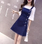 2016 mới đơn ngực viền cao eo denim strap dress một từ ăn mặc của phụ nữ mùa hè váy dài mẫu váy chữ a cho người béo