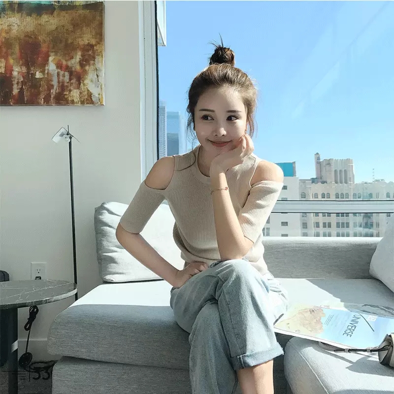 露肩针织无袖T恤修身显瘦女