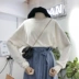 Hàn Quốc ulzzang2018 mùa thu mới sang trọng cổ áo thả vai tay áo áo sơ mi hoang dã phần mỏng là áo len mỏng phụ nữ áo kiểu nữ đẹp Đan Cardigan