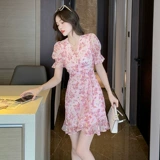 Летняя шифоновая мини-юбка, розовое платье, 2024 года, рукава фонарики, V-образный вырез, подходит для подростков, облегающий крой, крой «рыбий хвост»