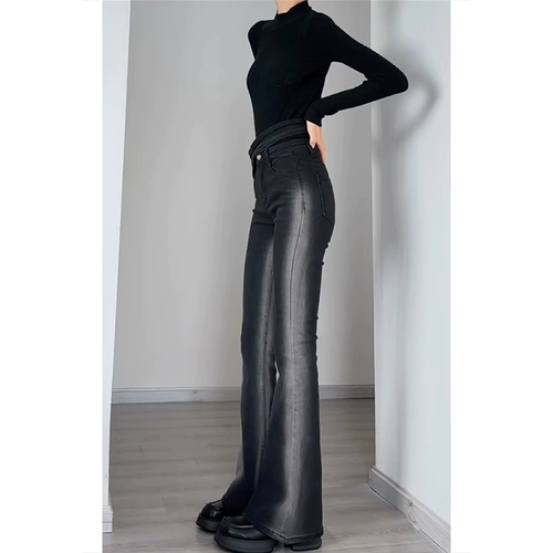 Дизайнерский черный мегафон, весенние джинсы, летние флисовые приталенные штаны, тренд сезона, градиент, высокая талия