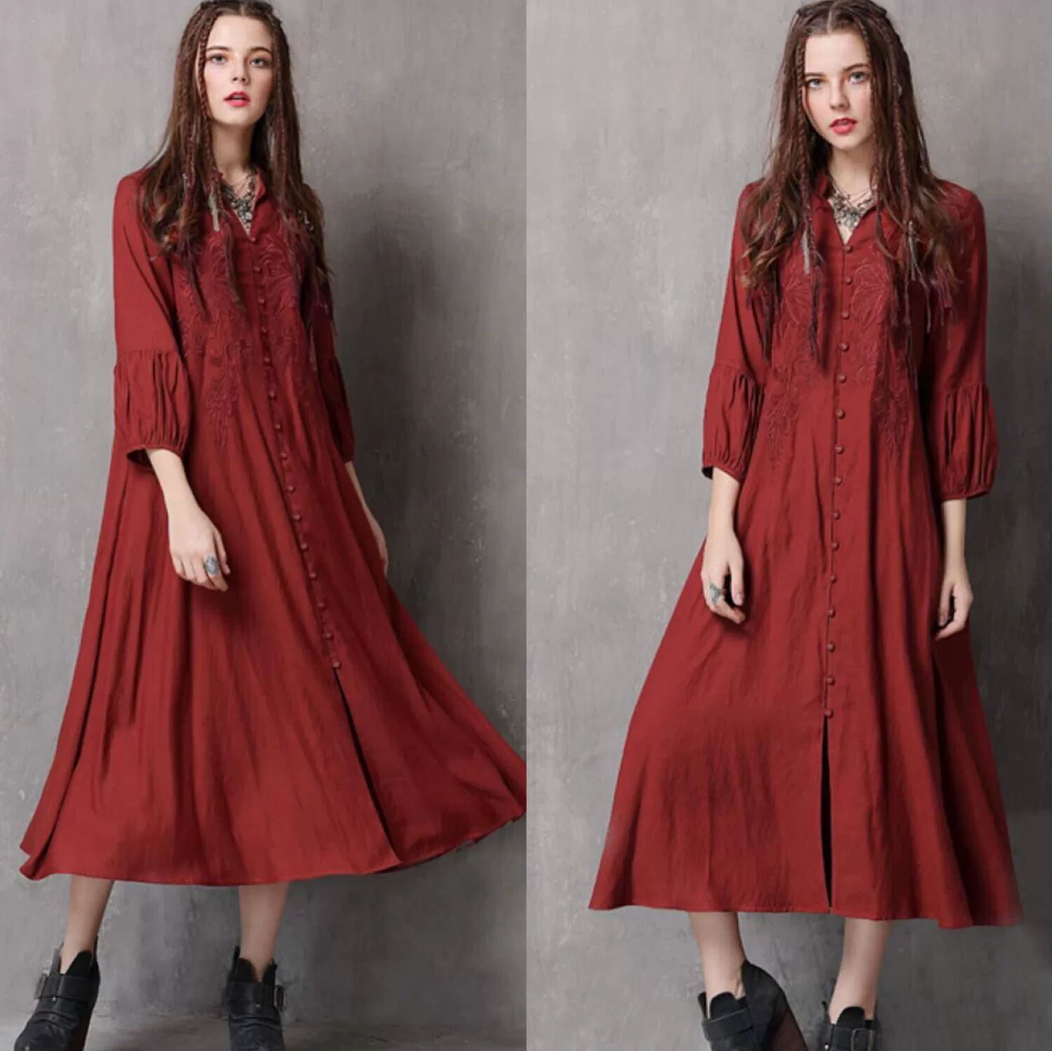 Akha dành cho phụ nữ mùa xuân mới cổ điển vải cotton và vải lanh cộng với kích thước áo dài rộng với tay áo lồng đèn thêu và váy xoay lớn - Váy dài