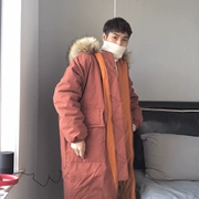喆 喆 mới mùa đông Hàn Quốc ulzzang Harajuku cổ áo lông dày phần dài bông coat couple BF quần áo cotton