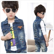 Quần áo trẻ em cậu bé mùa xuân denim vest vest cậu bé mùa xuân và mùa thu 2 áo 3 trẻ em 4 phần mỏng 7 tuổi 5 vest vai thủy triều 6