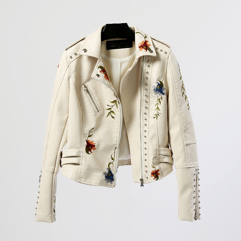 Thêu da phụ nữ đoạn ngắn mới 2018 mùa xuân và mùa thu đẹp trai retro áo khoác thêu đinh tán PU da xe gắn máy áo khoác mát