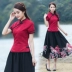 Mùa hè mới của phụ nữ gió quốc gia xéo cổ áo jacquard phong cách Trung Quốc cotton và lanh áo sơ mi ngắn tay sườn xám hàng đầu - Áo sơ mi