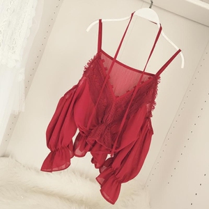 Tua ren bên sexy v- cổ quây quây 7 điểm tay áo hoang dã eo xù dây đai áo sơ mi chiffon phụ nữ