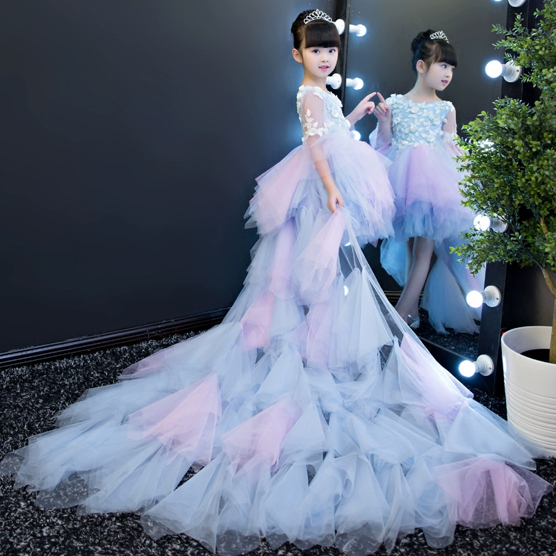 Váy cưới cho bé gái Mô hình trẻ em catwalk dạ hội váy công chúa váy piano chủ trang phục đuôi phồng sợi - Váy trẻ em