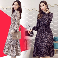 Длинная осенняя шифоновая длинная юбка, платье с рукавами, 2020, в корейском стиле, длина миди, цветочный принт, длинный рукав